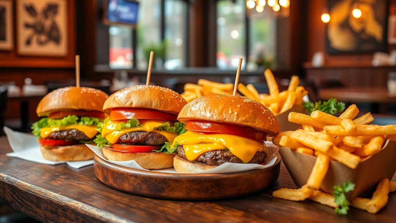 Gourmet burgers with fries in a lively London restaurant