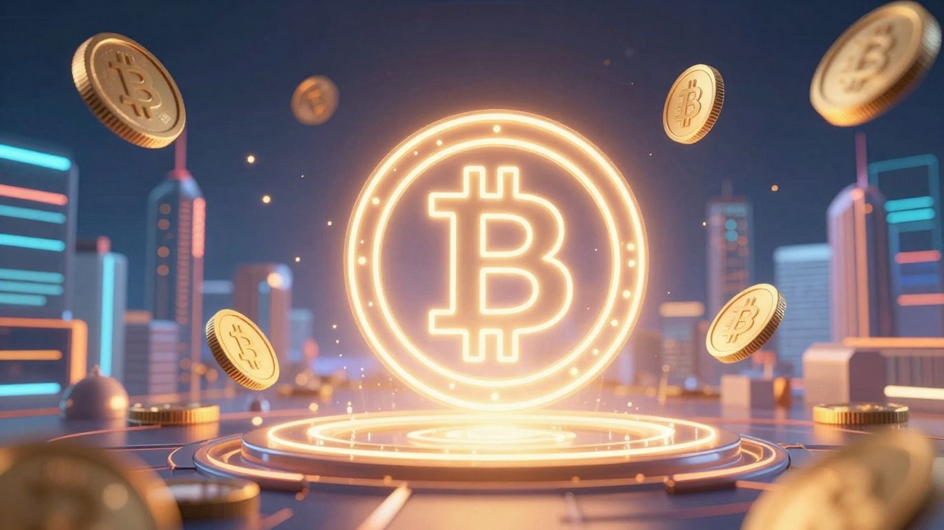 Futuristic cityscape with glowing cryptocurrency icons and golden coins.