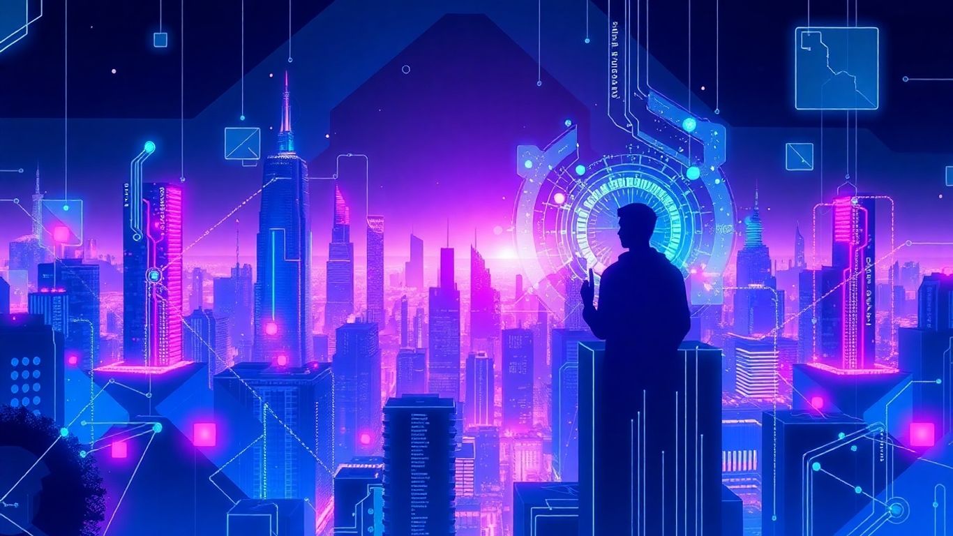 AI and blockchain convergence, futuristic digital network.