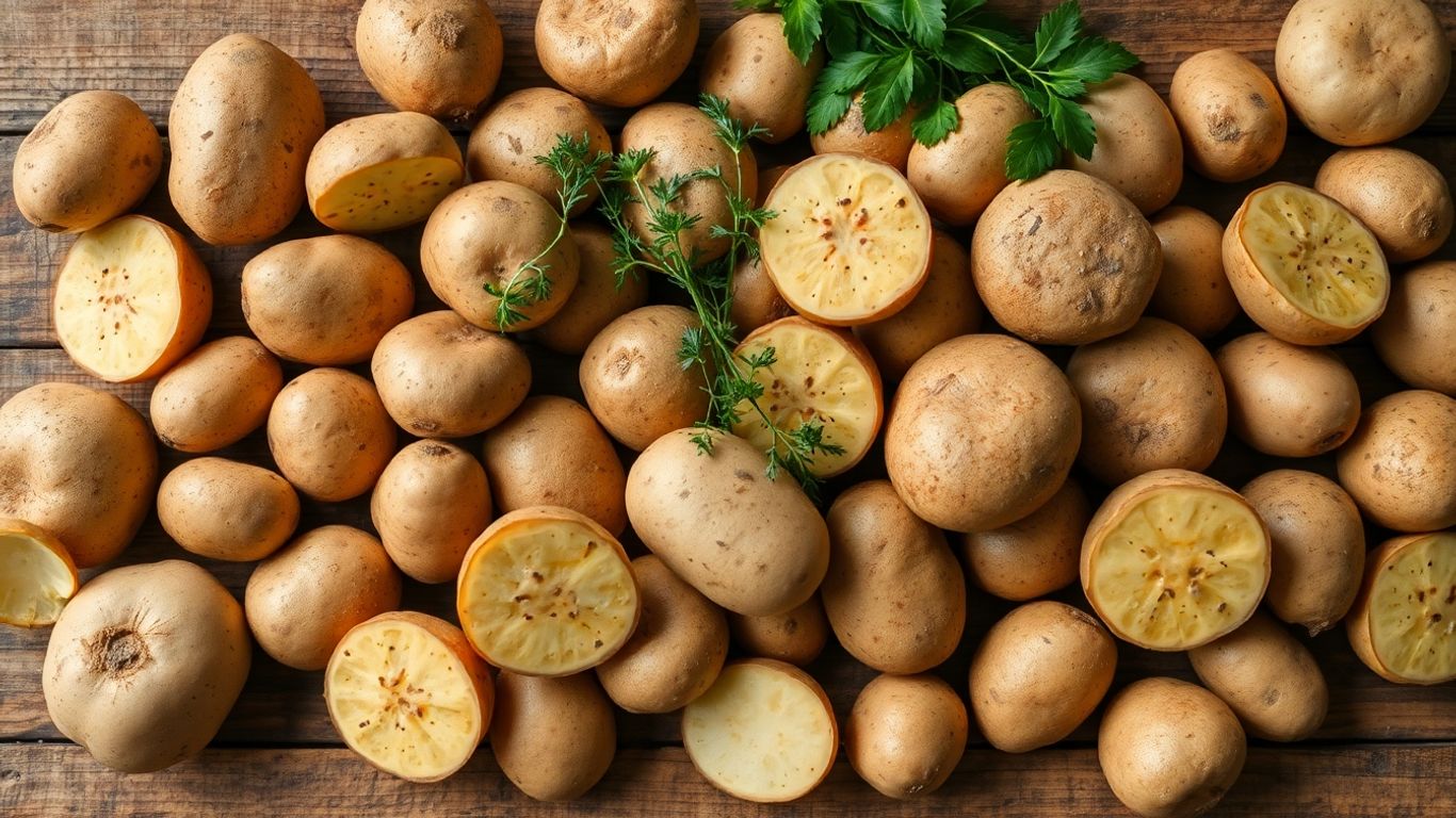 Verse biologische aardappelen op een tafel met kruiden