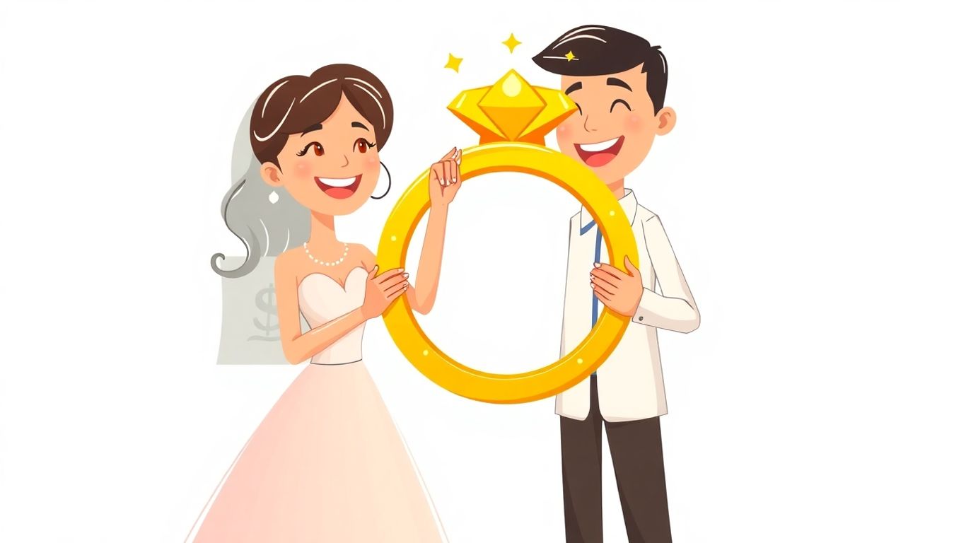 Happy cartoon couple holding a wedding ring.