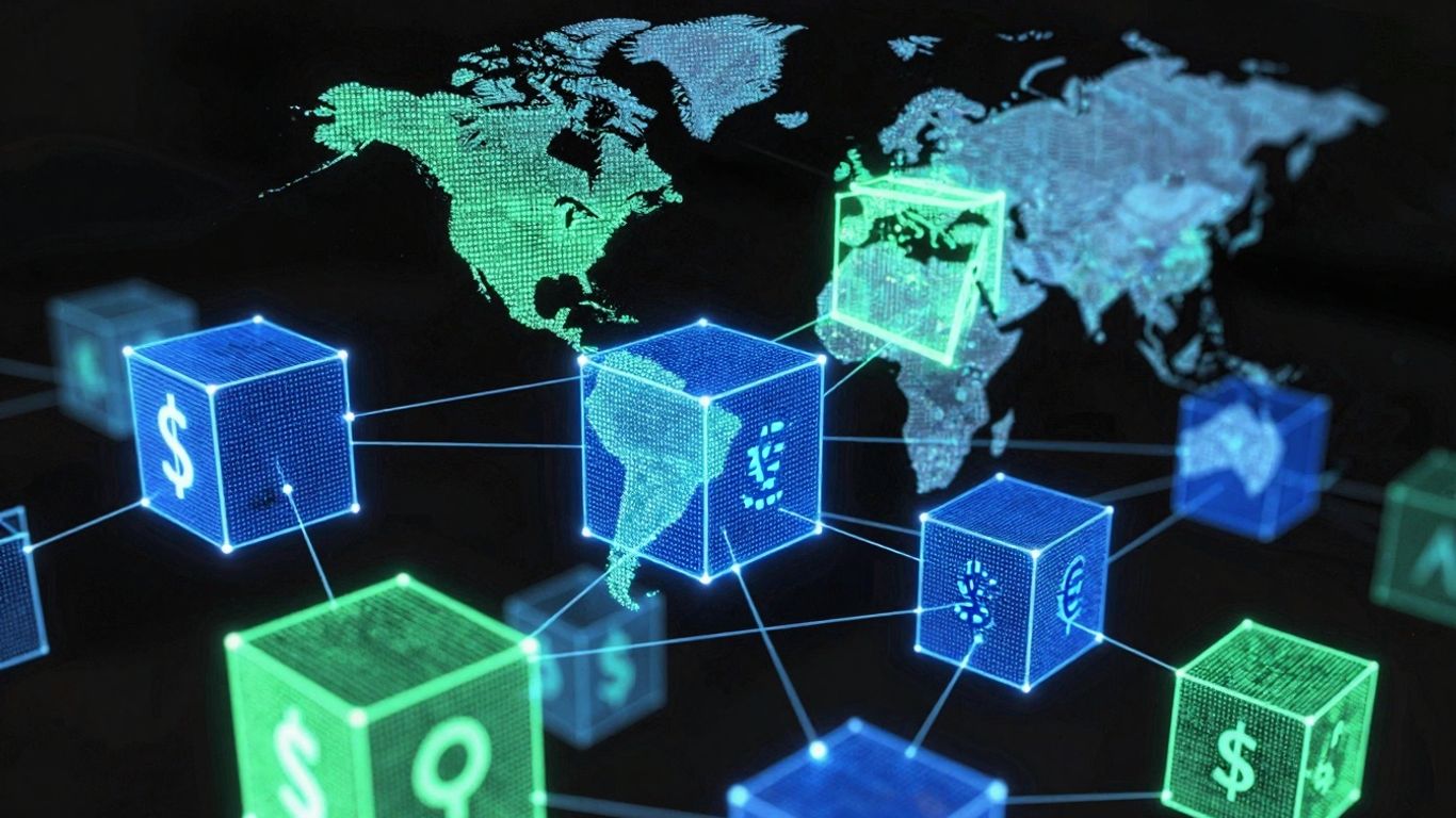 Interconnected digital blocks with financial symbols.