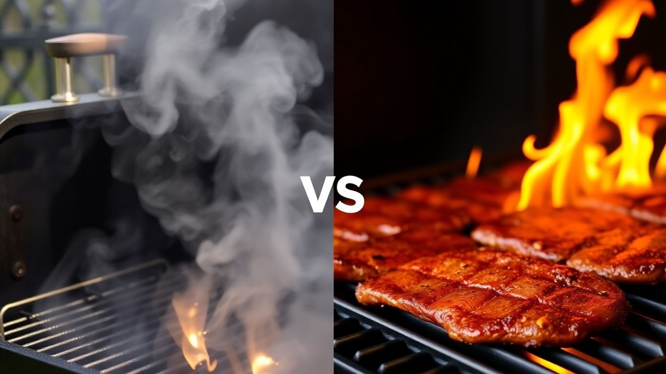 Smoker and grill with cooked meats, contrasting BBQ methods.