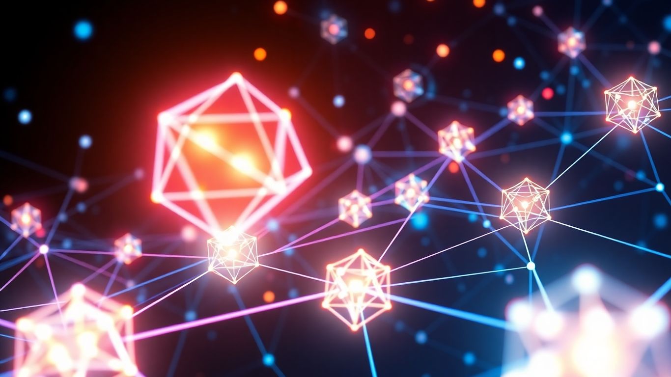 Digital network with glowing nodes and abstract shapes.