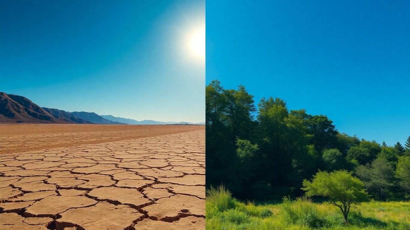 Paysage aride et forêt luxuriante, contraste climatique.