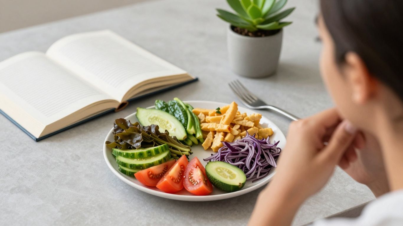 Healthy food plate next to items for well-being.
