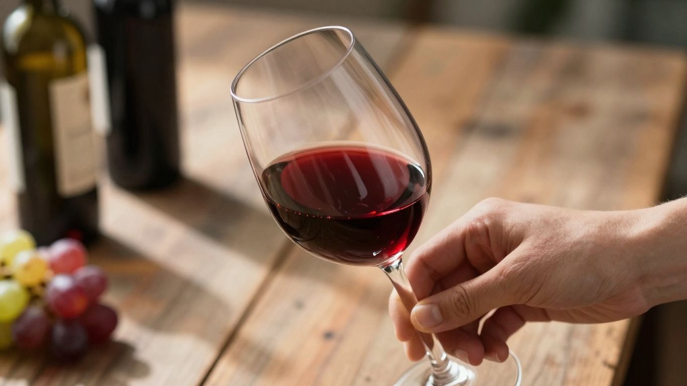 Mână răsucind vin roșu într-un pahar, sticlă, struguri.