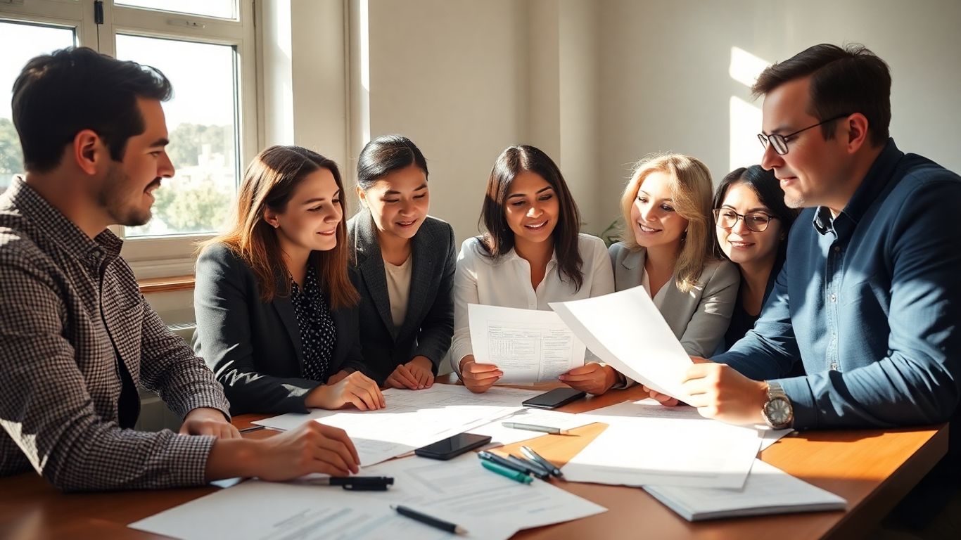 People reviewing financial documents in a bright office.