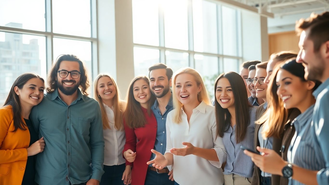 Diverse professionals collaborating in a bright, modern office.