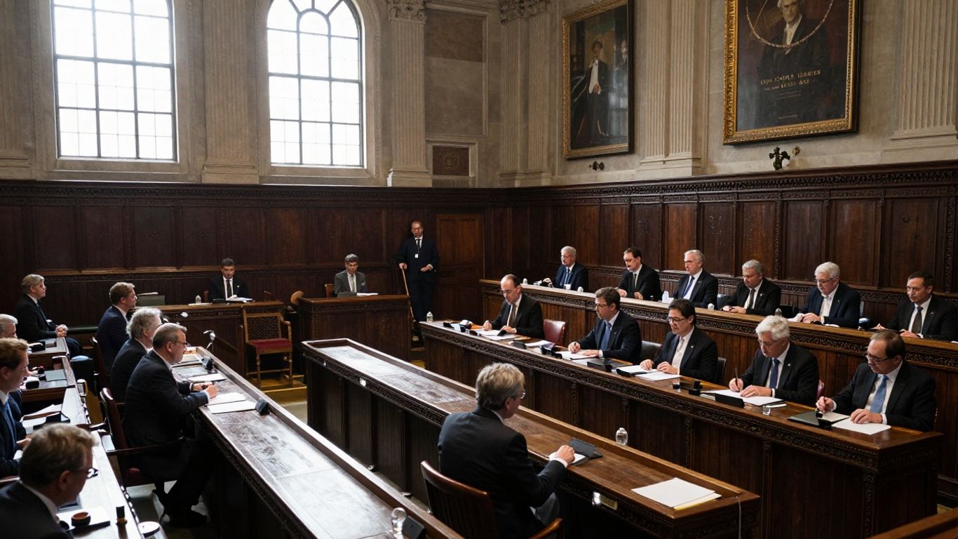 Parliamentary chamber with sunlight and people.