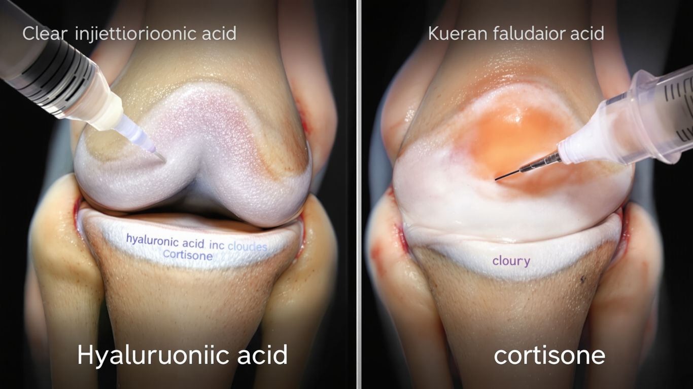Rodilla con jeringas de cortisona y ácido hialurónico.