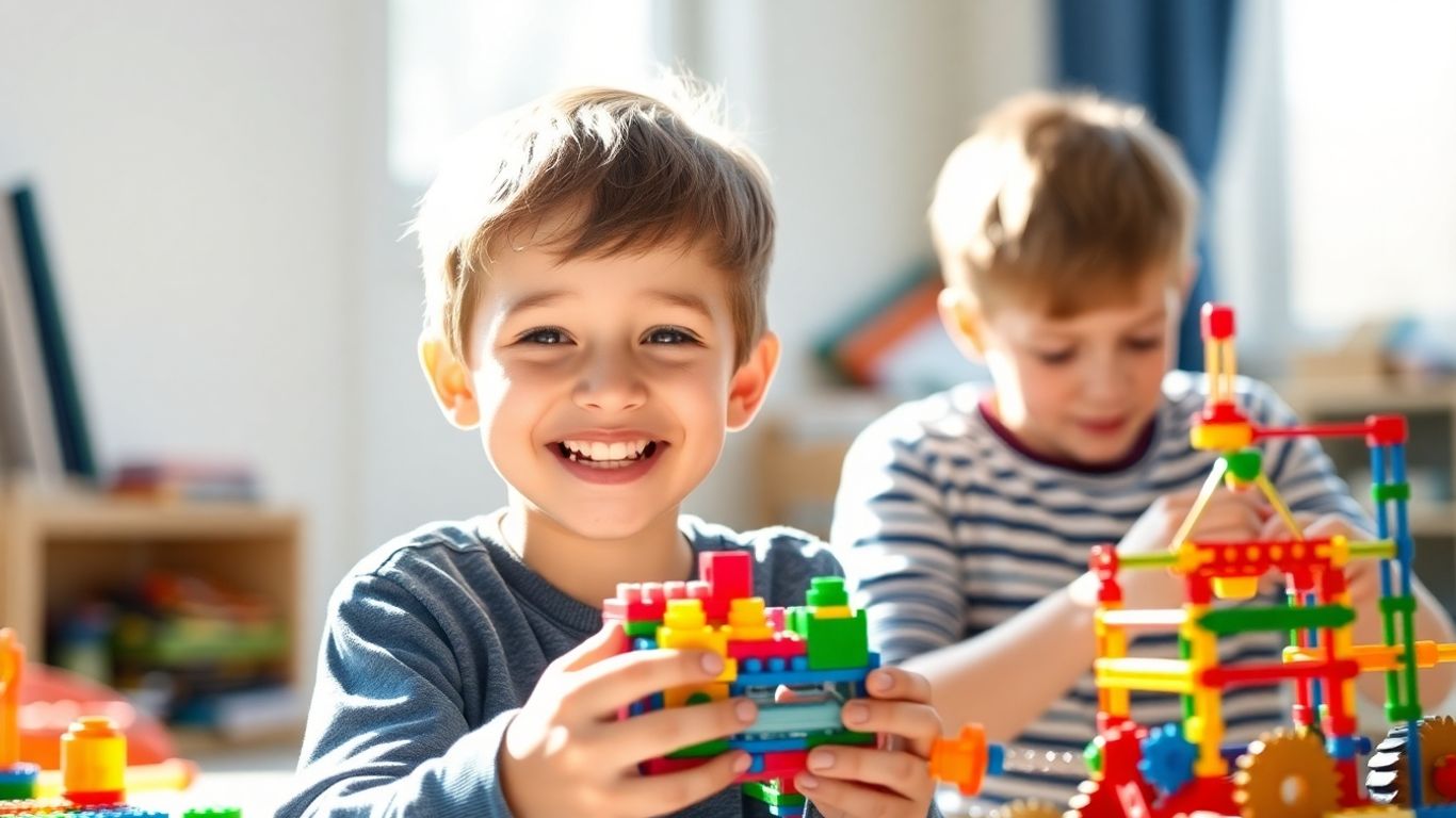 Boy happily plays with colorful building toys.