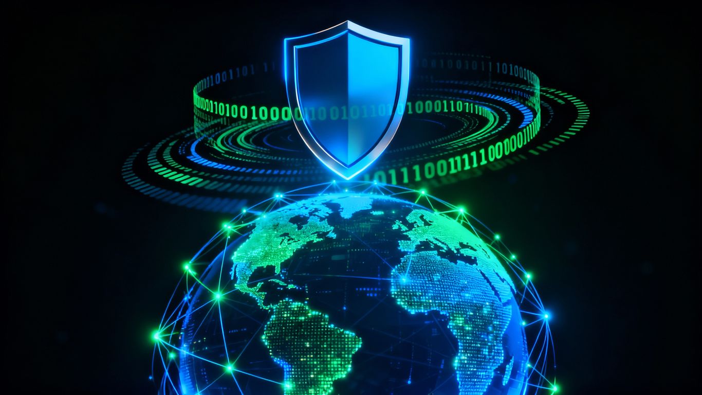 Digital globe protected by a shield, with data lines.