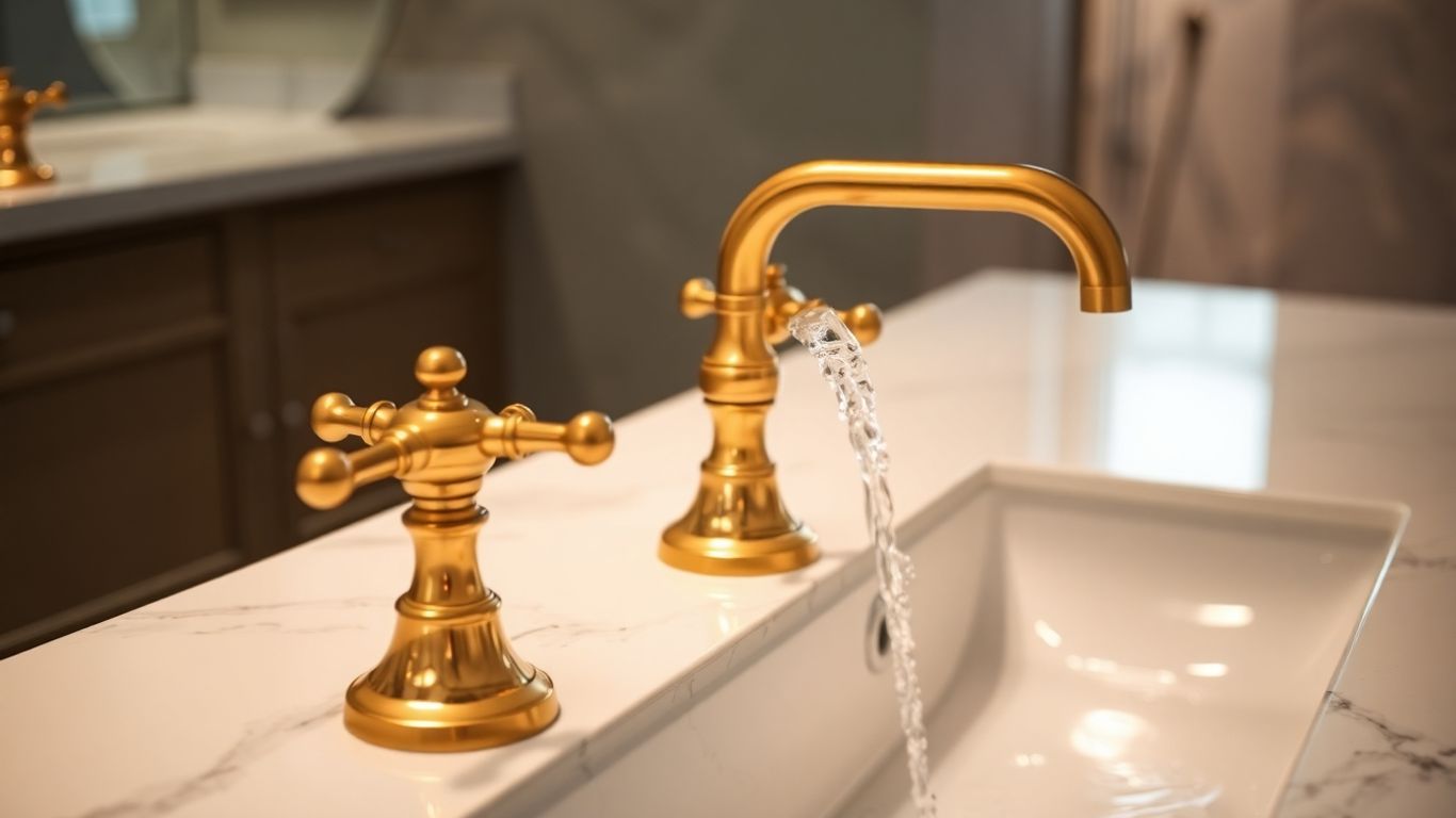 Elegant gold bathroom taps in a modern setting.