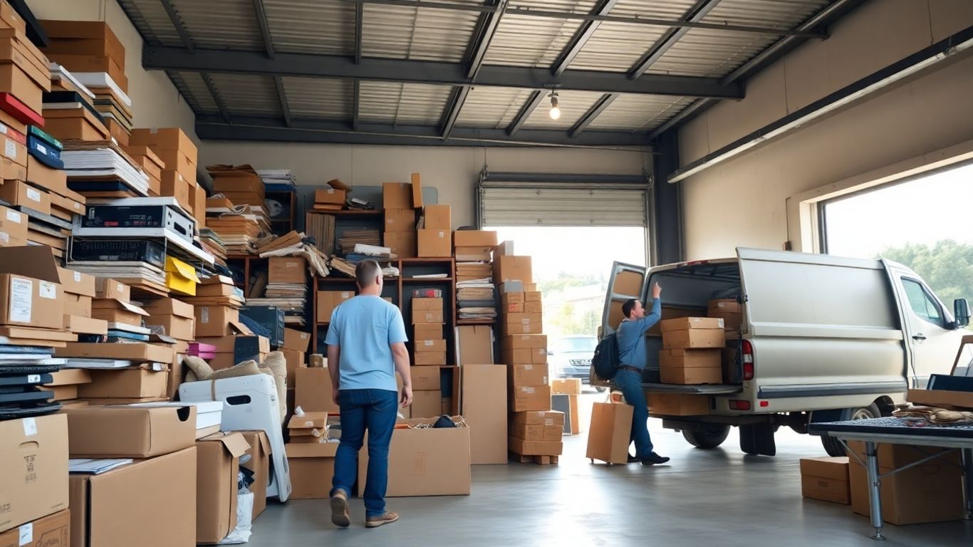 Workers clearing clutter from messy storage unit