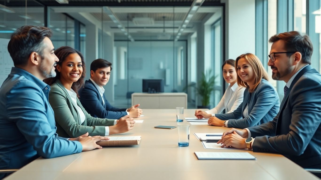 Tarifverträge in der Zeitarbeit: Ein Überblick der wichtigsten Regelungen Professionelles Meeting in modernem Büro mit dezent blauen Akzenten.