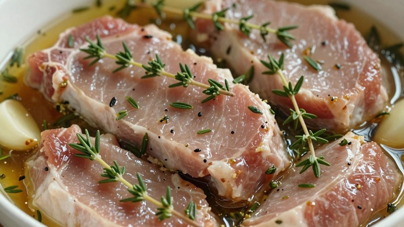 Pork chops marinating in a thyme and garlic marinade.