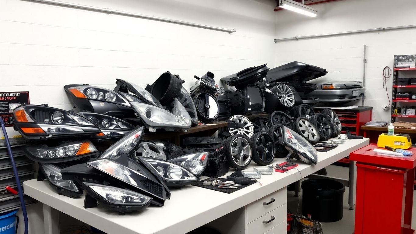 Mitsubishi used car parts arranged on workbench