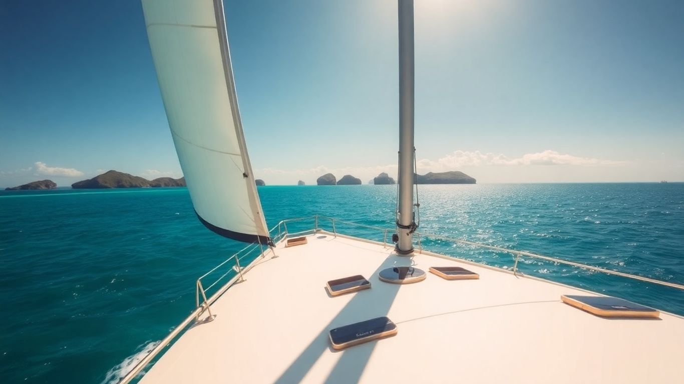 Sailboat on turquoise water near lush islands