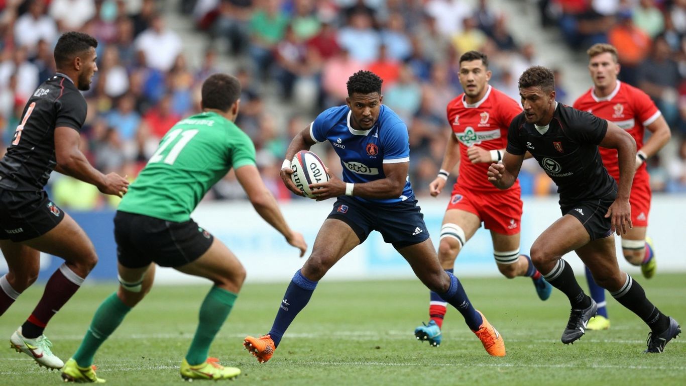 Rugby players in action on a green field.