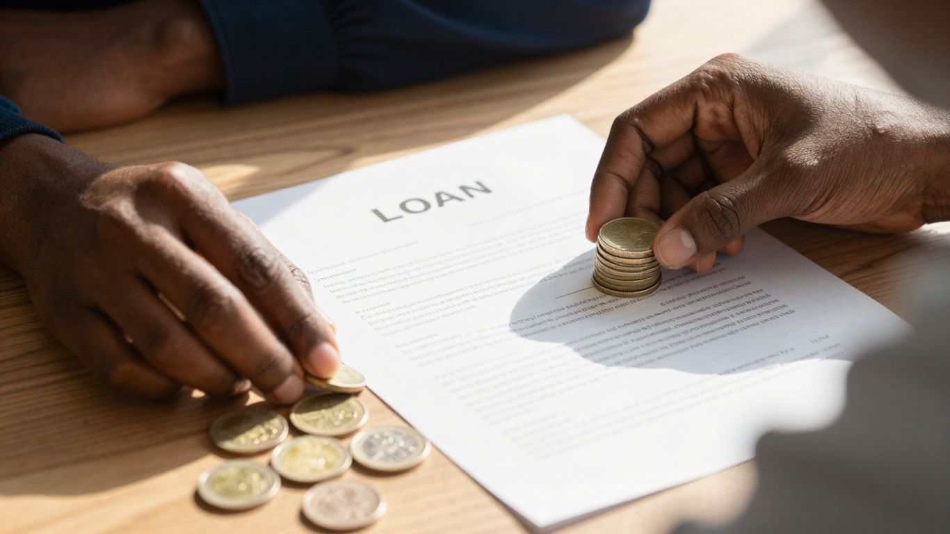 Person reviewing loan documents and coins.