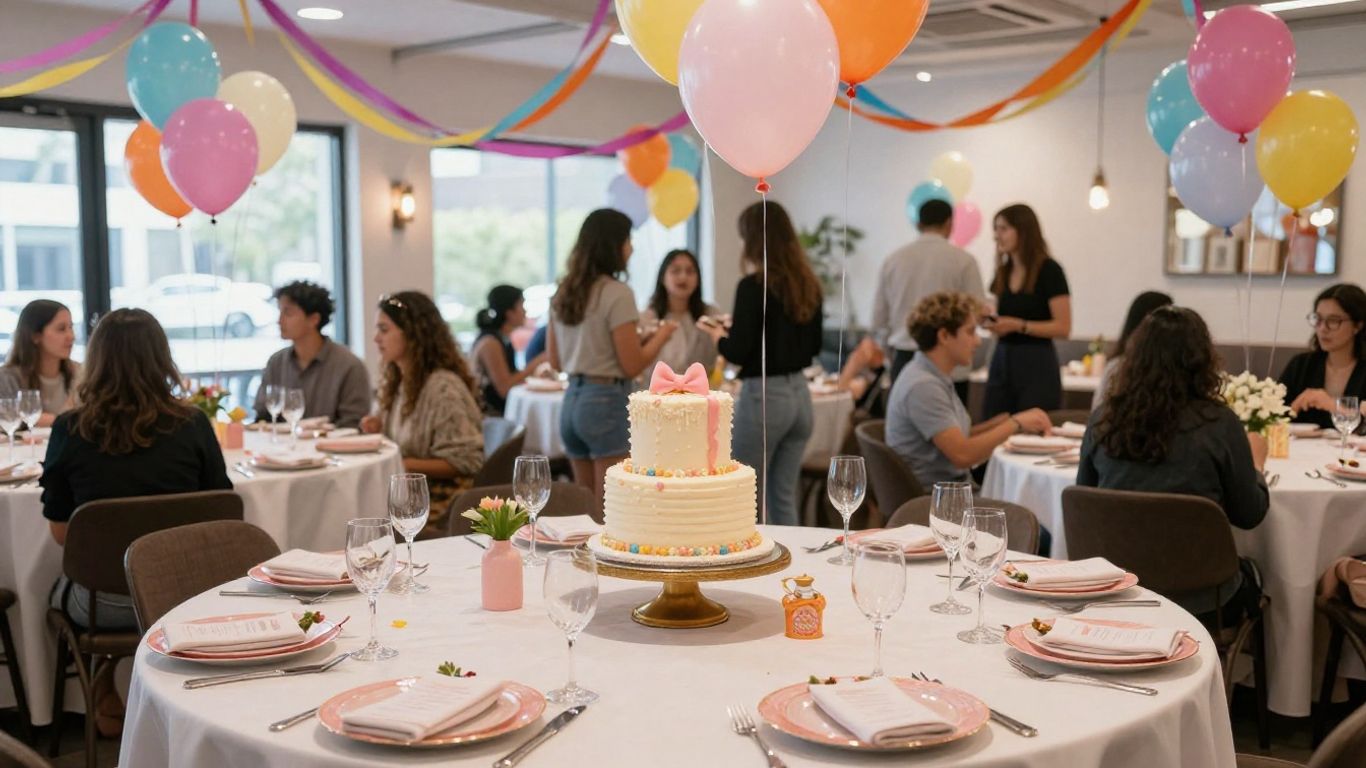 Dallas birthday party venue with decorations and cake.