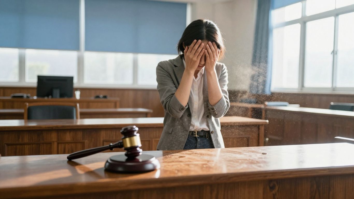 Pessoa em tribunal, luz solar, martelo de juiz.