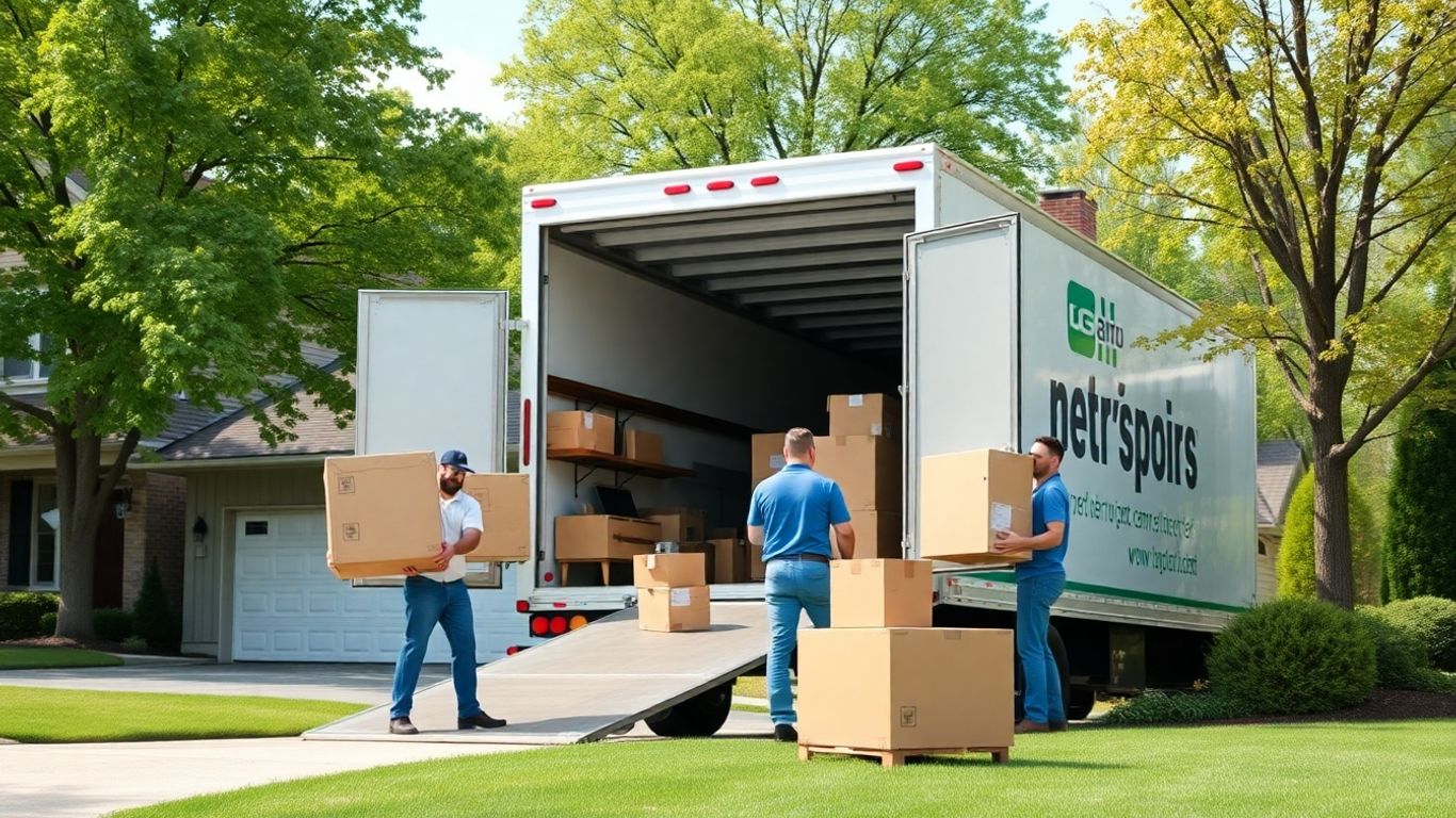 Movers loading truck in front of New Jersey house