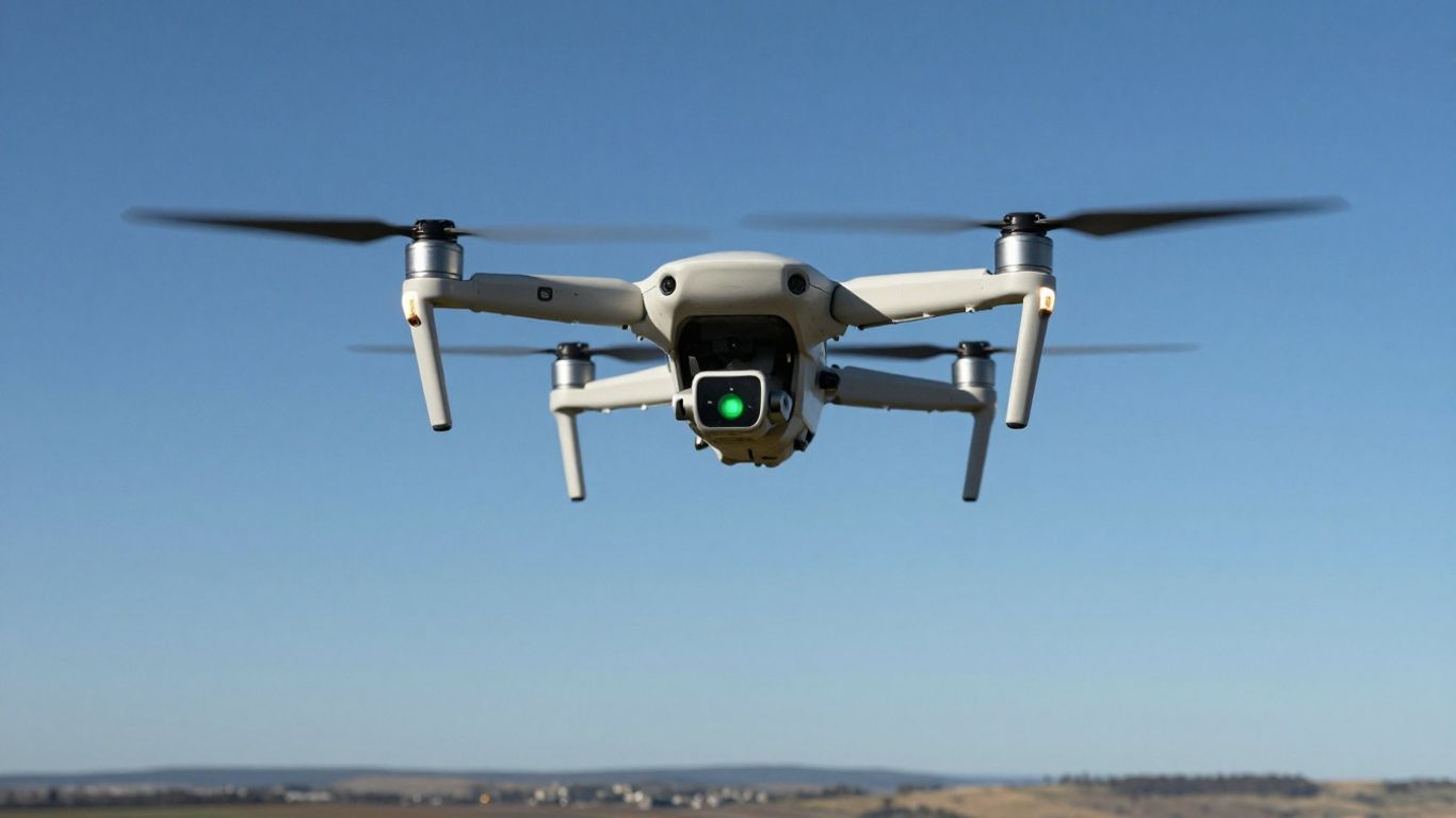 Drone flying high, battery indicator visible.