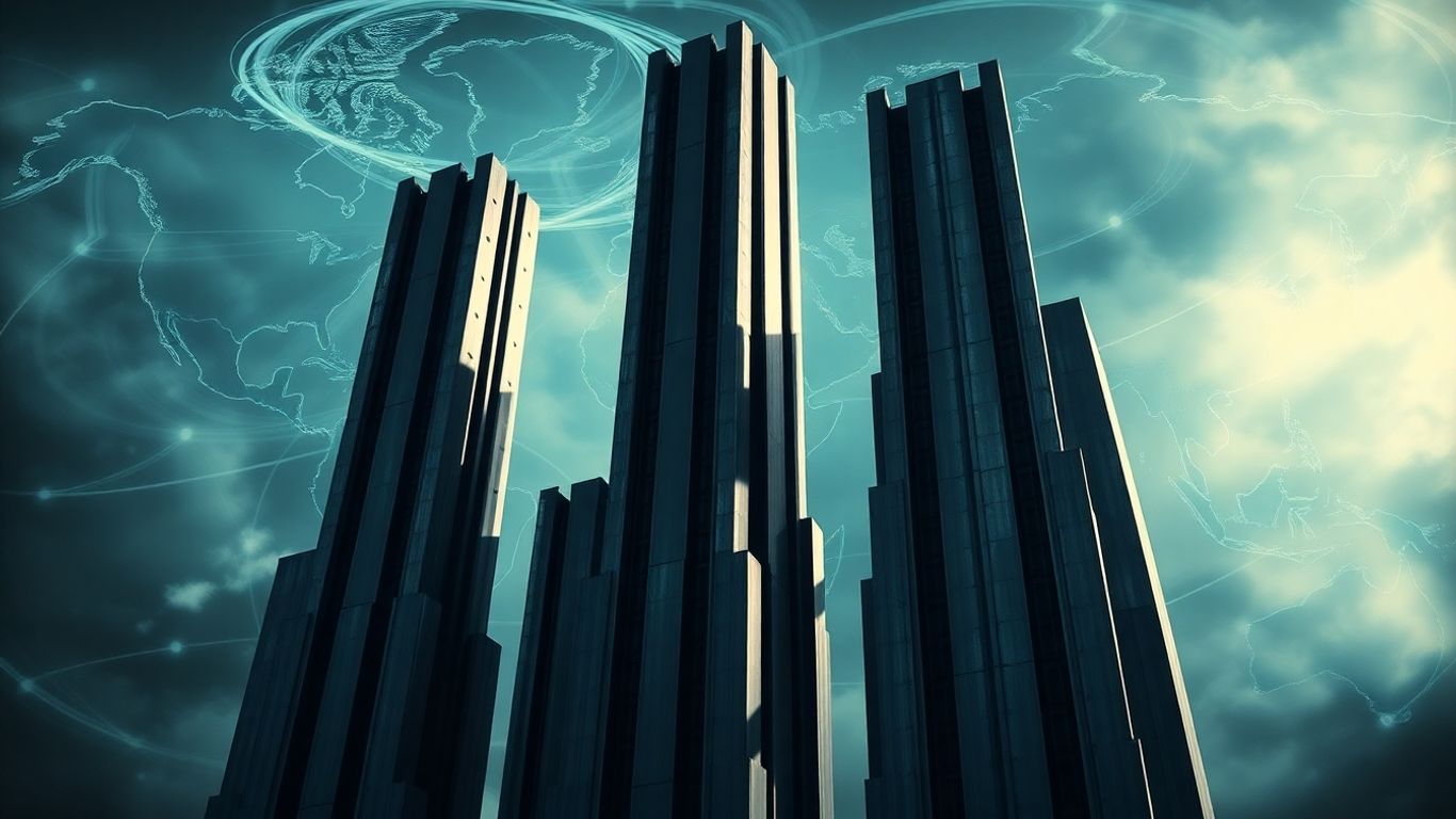 Towering structures symbolizing US hedge fund power over global markets.