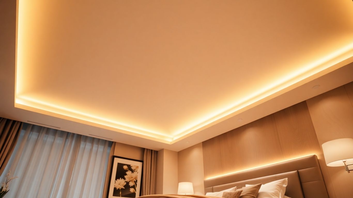 Bedroom ceiling LED lights illuminating a stylish, modern room.