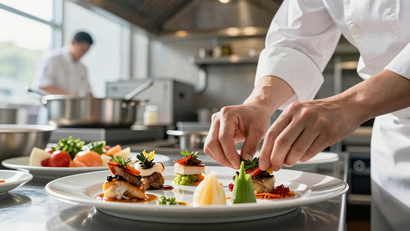 Chef preparing food in a professional kitchen.