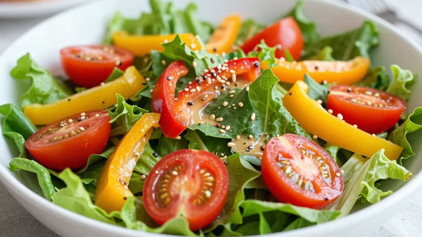 Healthy breakfast salad with fresh greens and colorful vegetables.