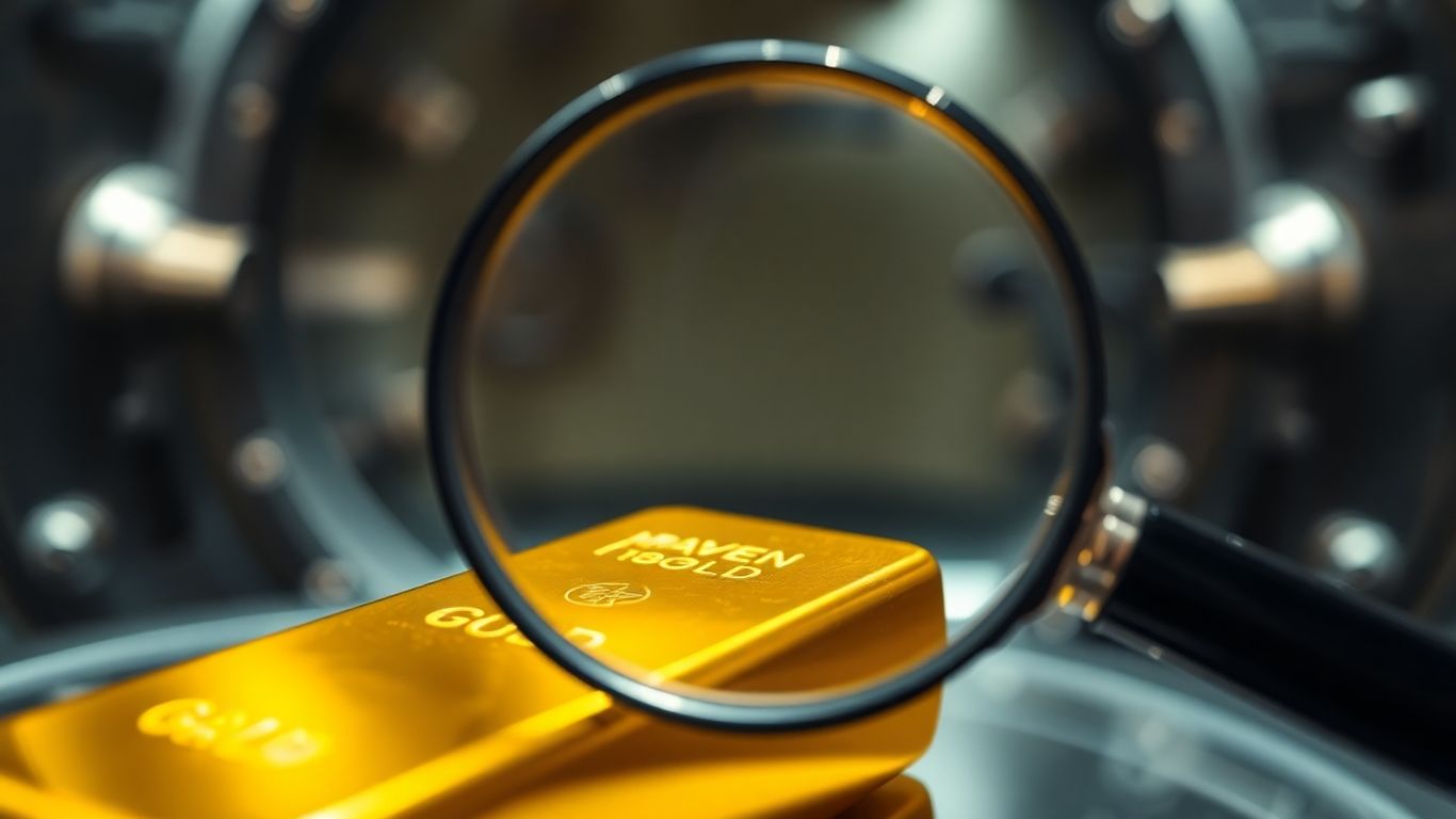 Magnifying glass examining a shiny gold bar in a safe.