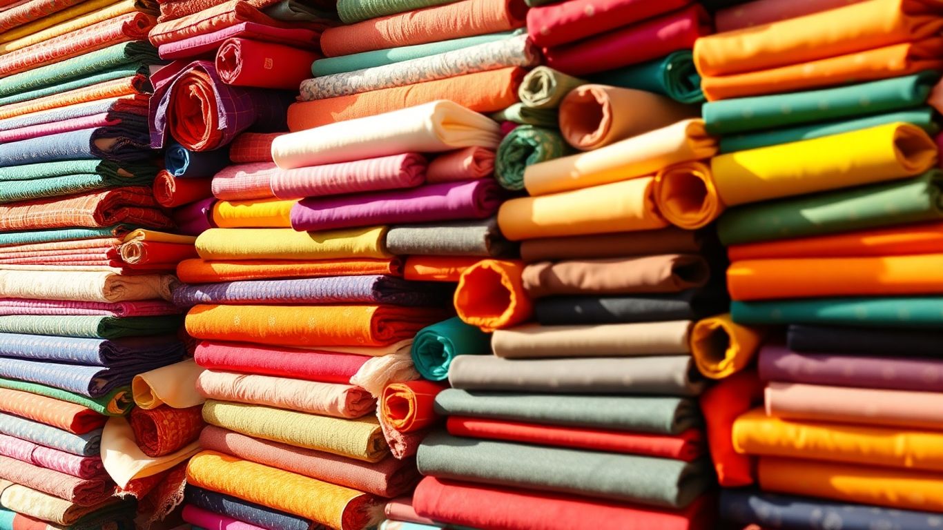 Colorful fabric bolts stacked neatly