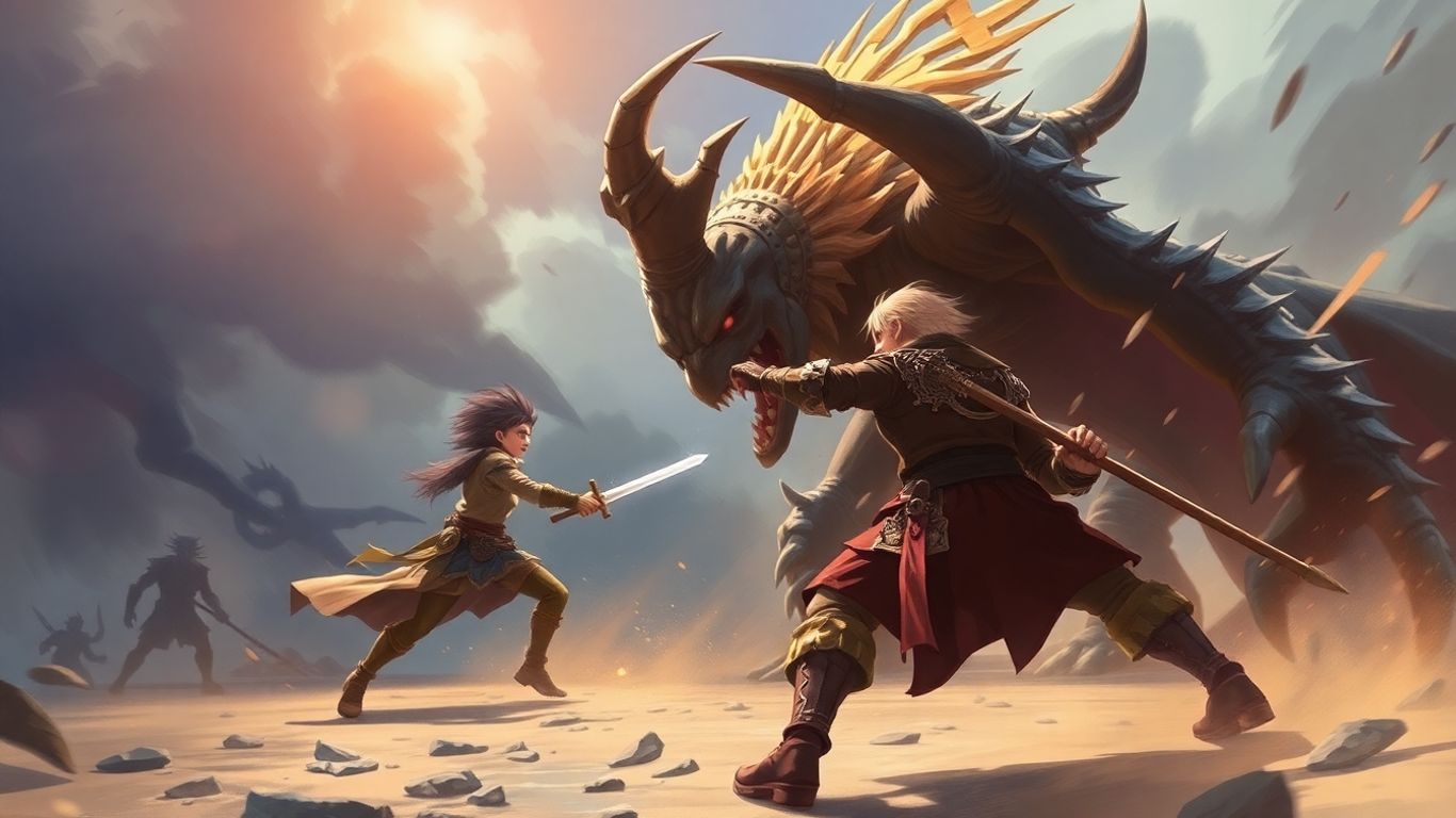 Fantasy warrior in strategic combat against a monster.