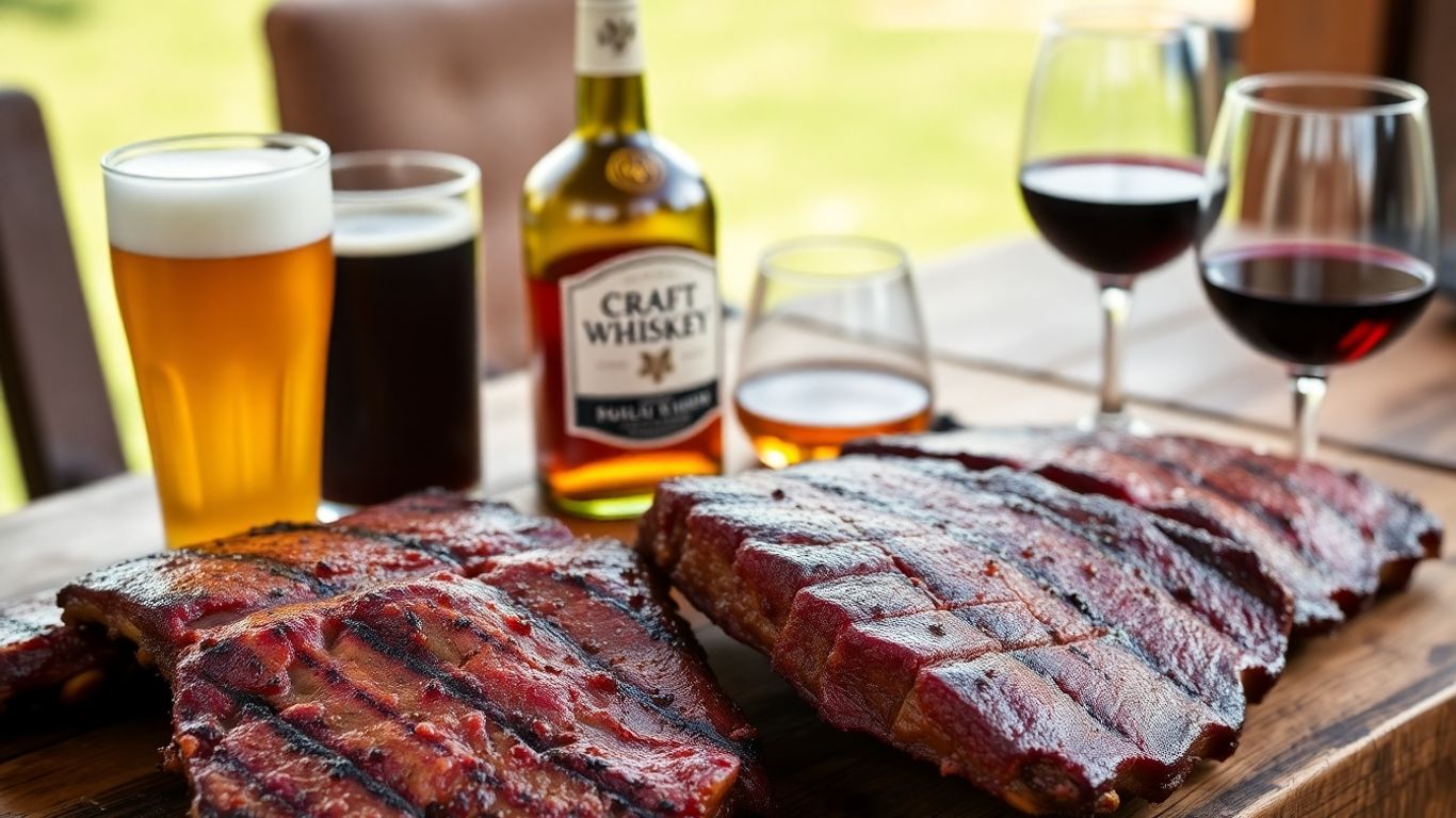 Barbecue ribs, brisket, craft beer, whiskey, and wine on table.