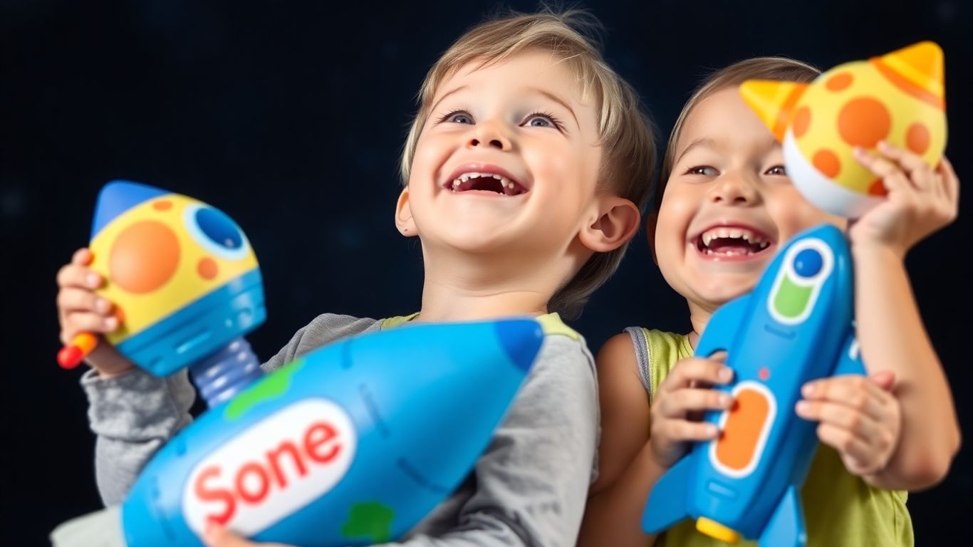 Children happily holding personalized space-themed birthday gifts.