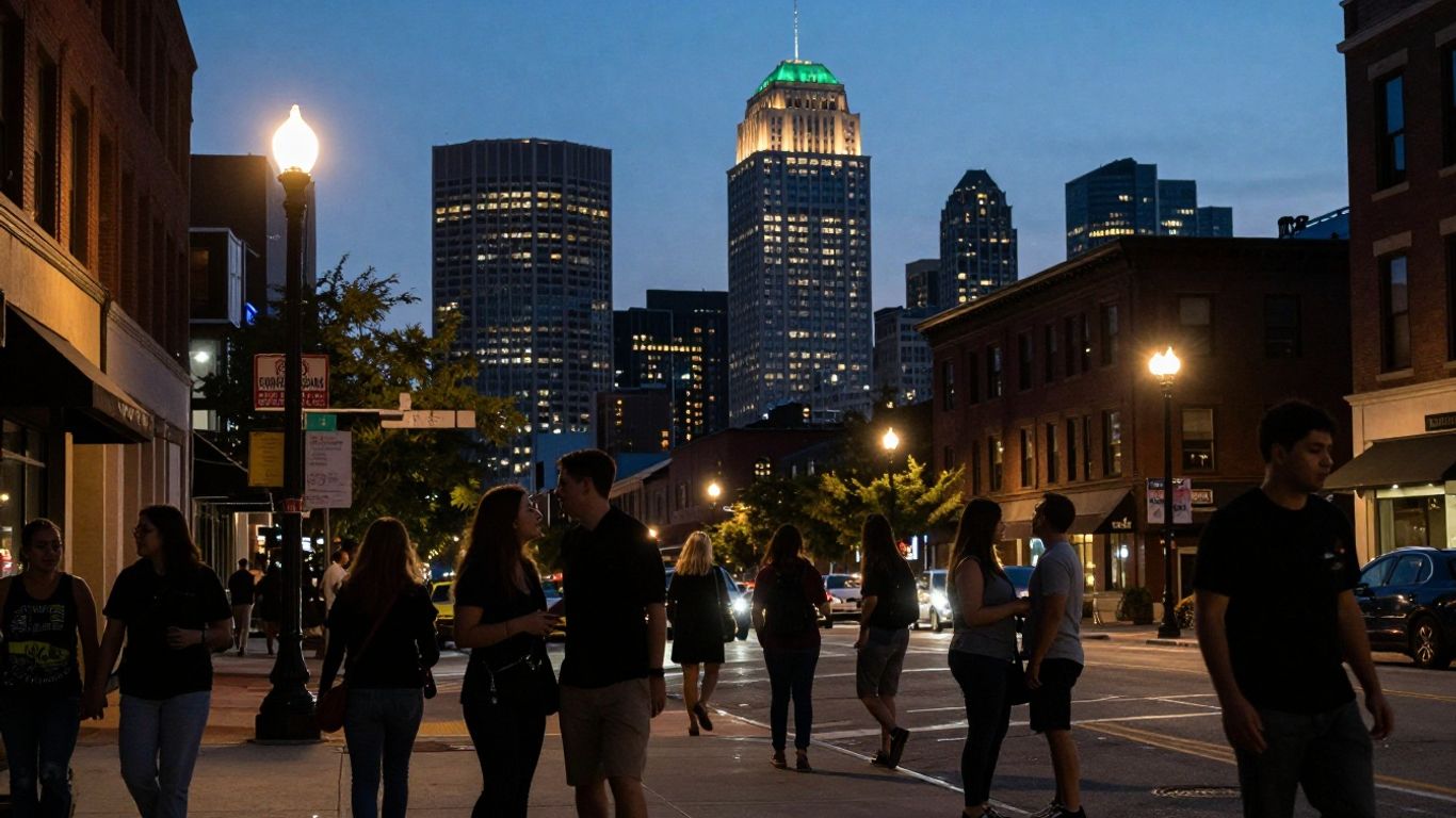 Greensboro skyline with people on a lively street at dusk.