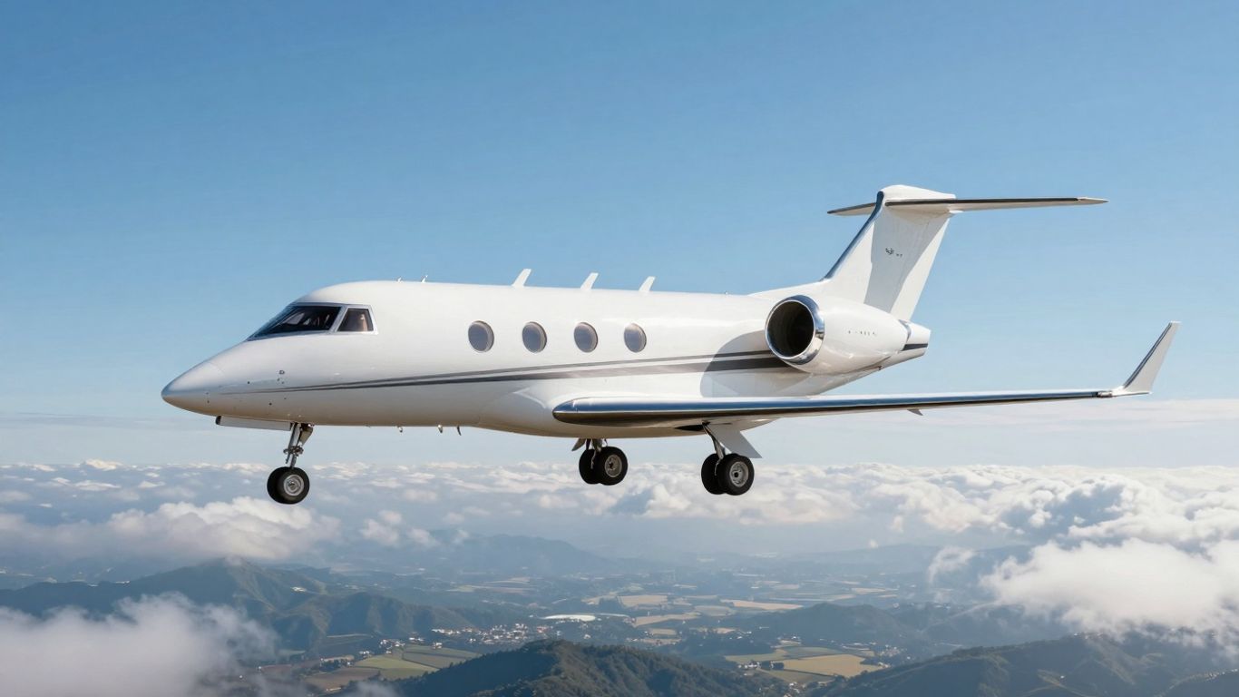 Private jet flying high in the sky.