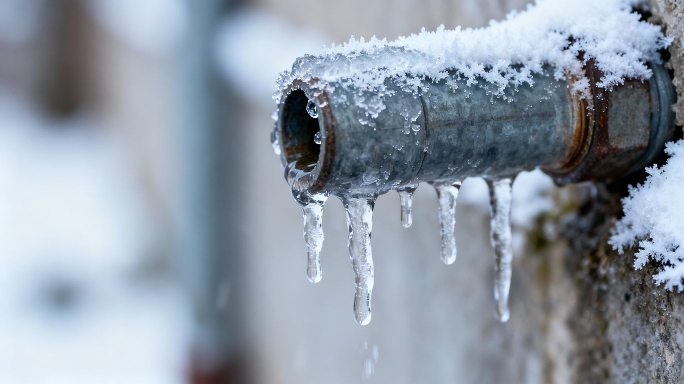 Frozen water pipe with icicles and frost.