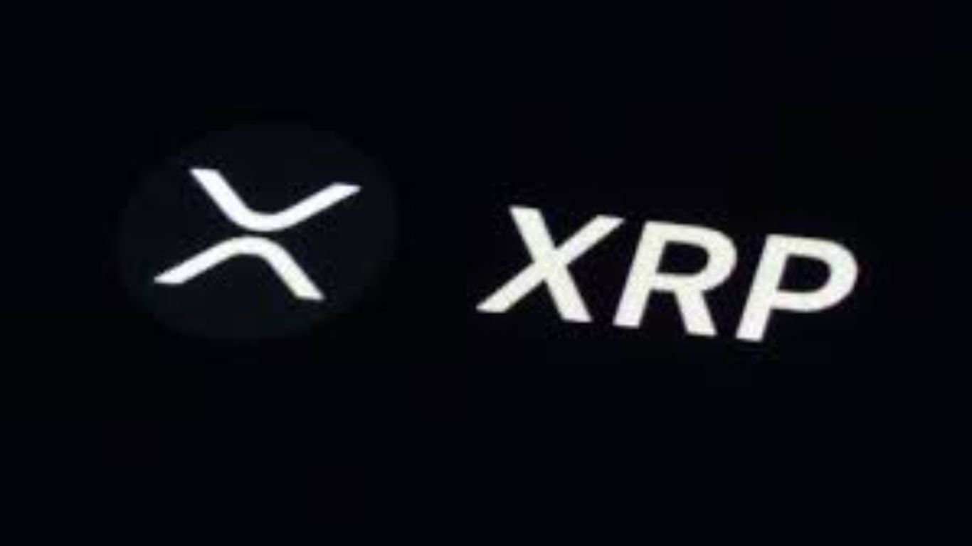 Logo of XRP cryptocurrency on a dark background.