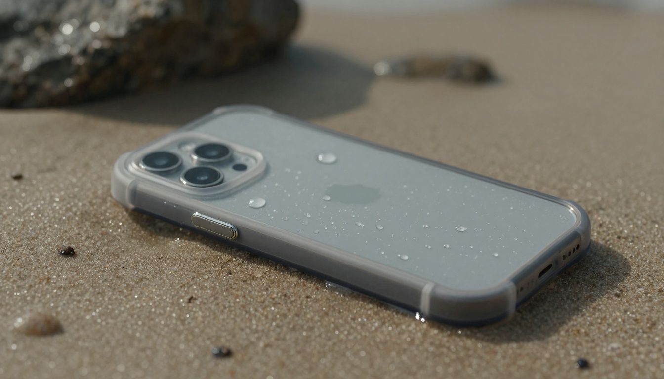 A photorealistic image of a neutral smartphone encased in a waterproof case, lying on slightly damp sand with water droplets on its surface.