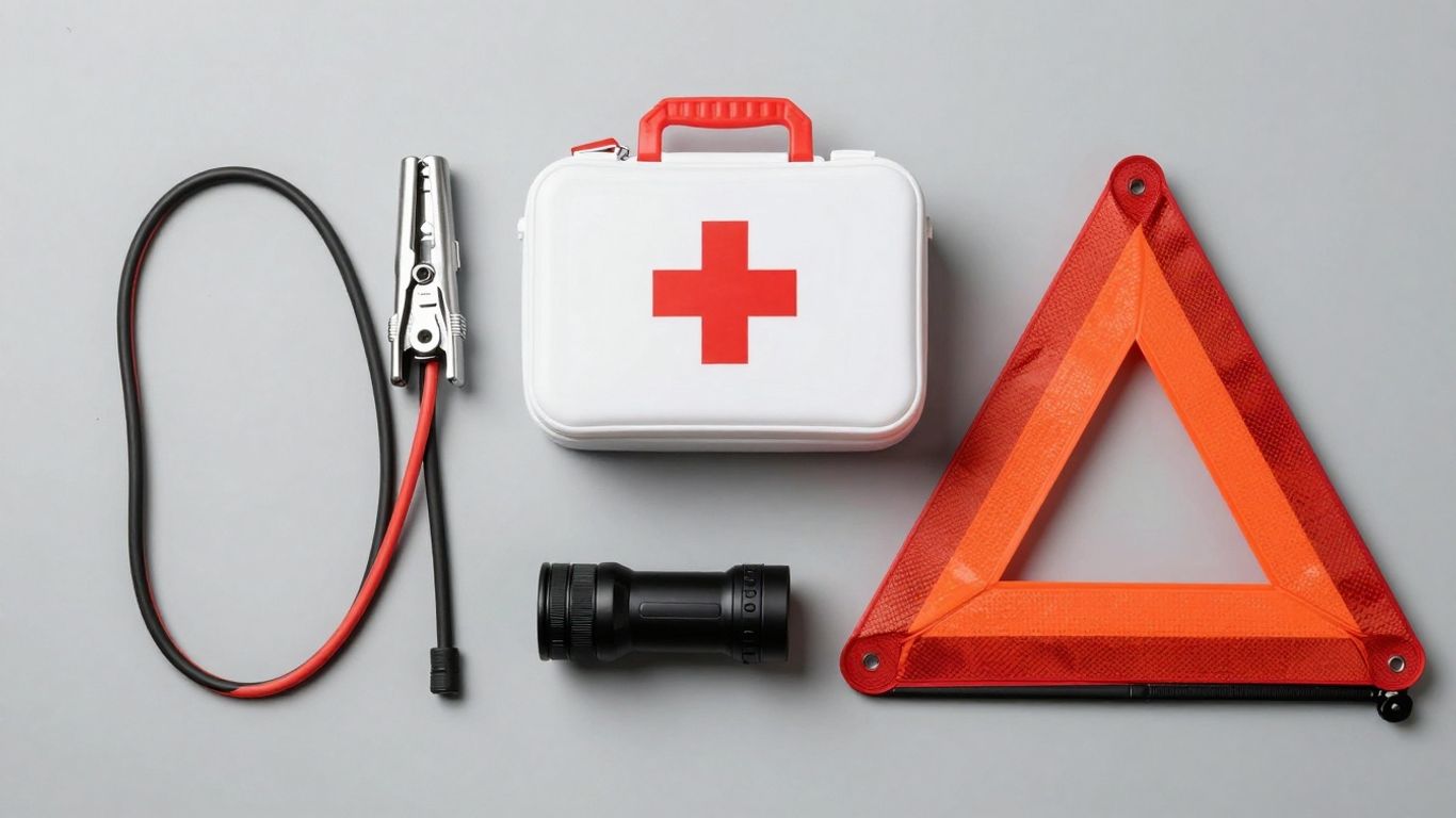 Emergency car kit with essential items for drivers.