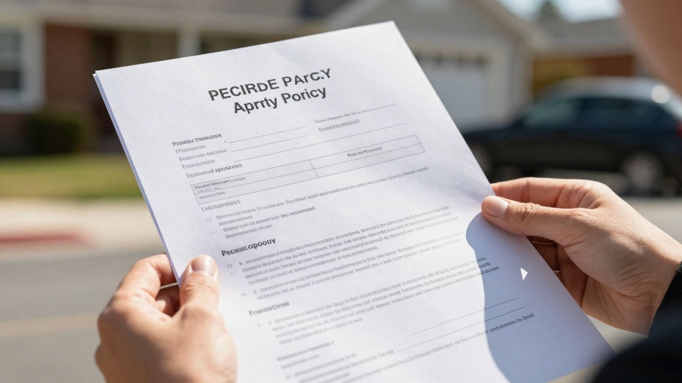 وثيقة تأمين مع منزل وسيارة في الخلفية.