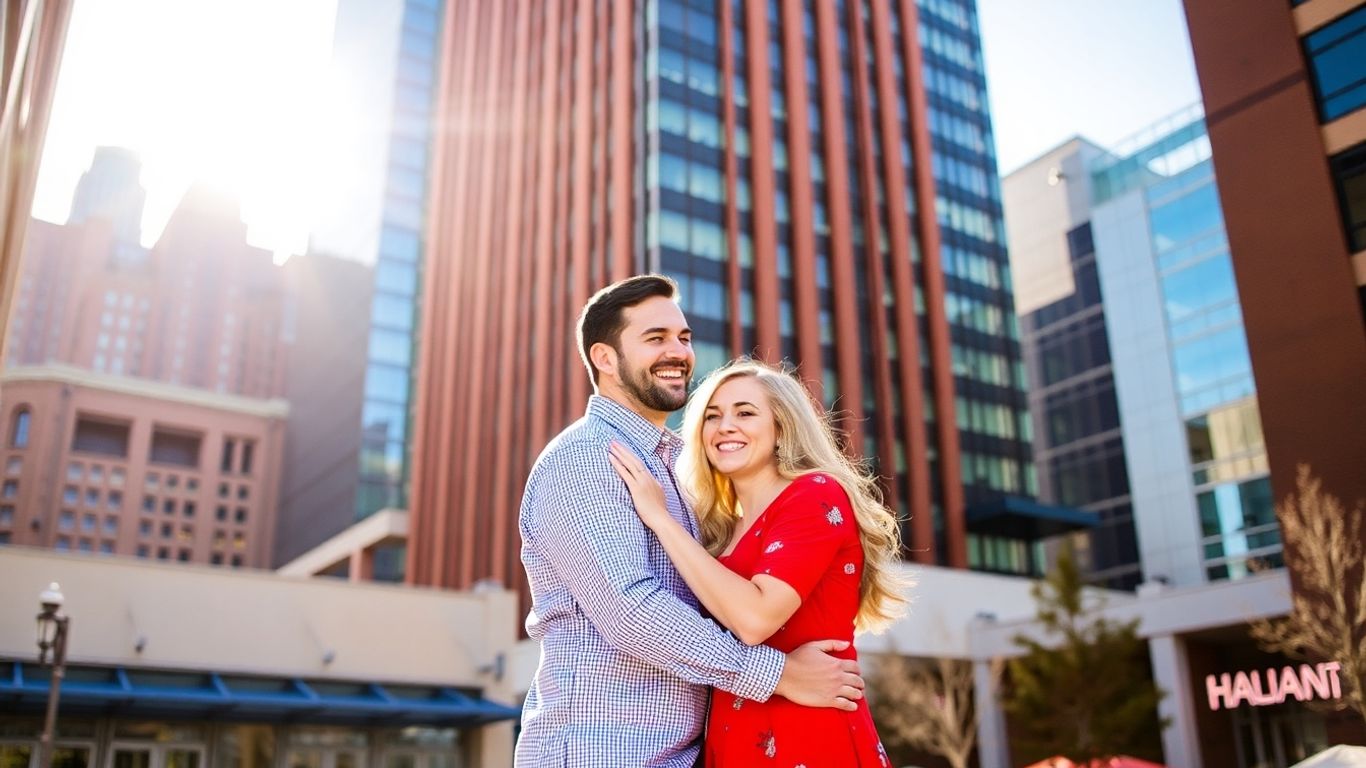 Couple embracing in front of Dallas Arts District buildings.