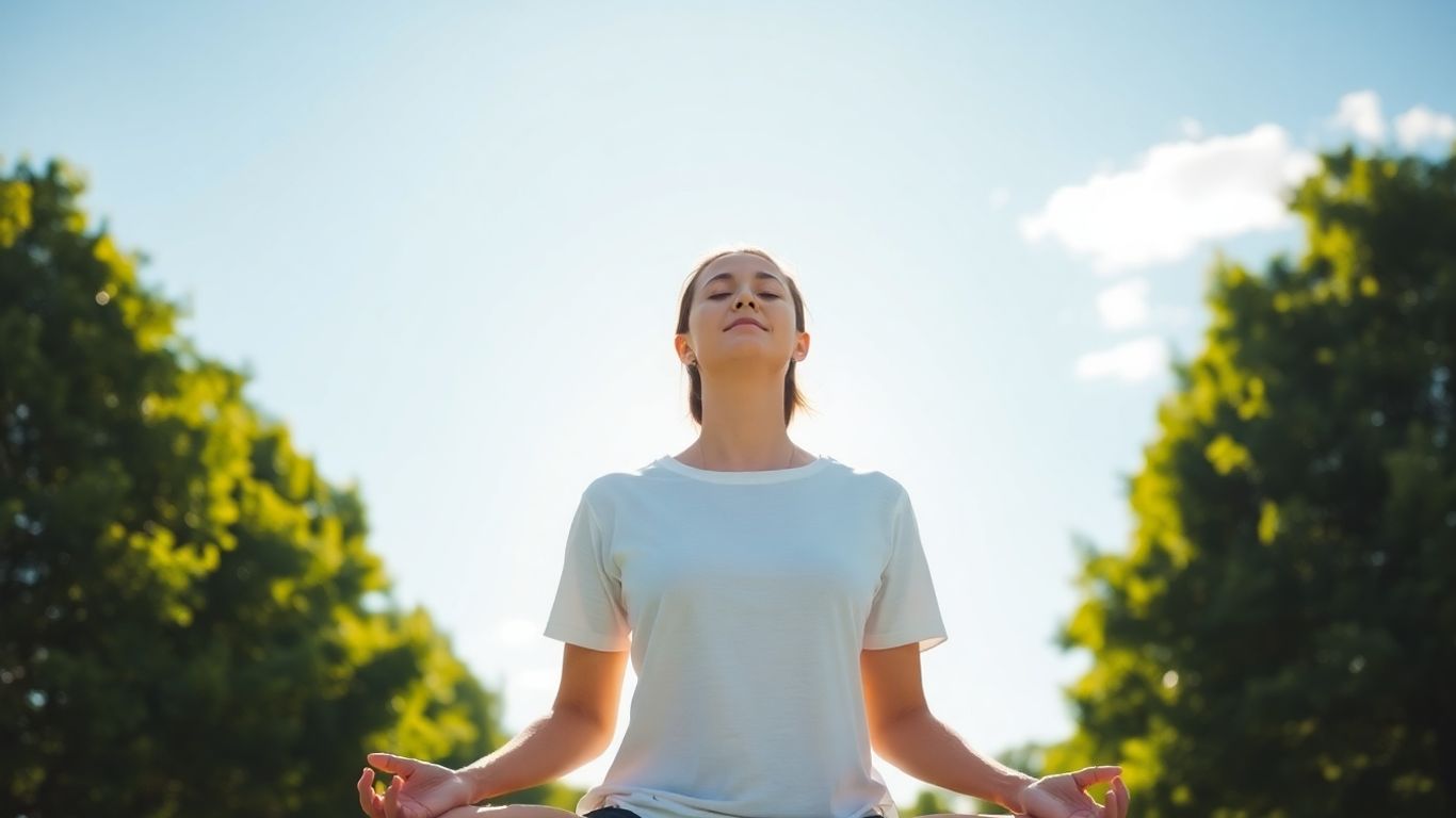 Person meditating peacefully outdoors with trees and sky.