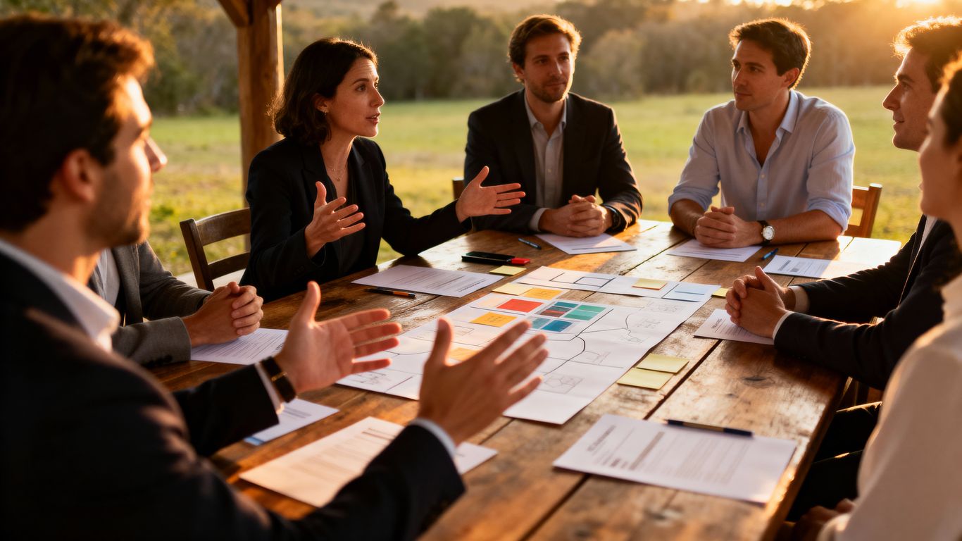 People in suits gathered around a table discussing plans outdoors.