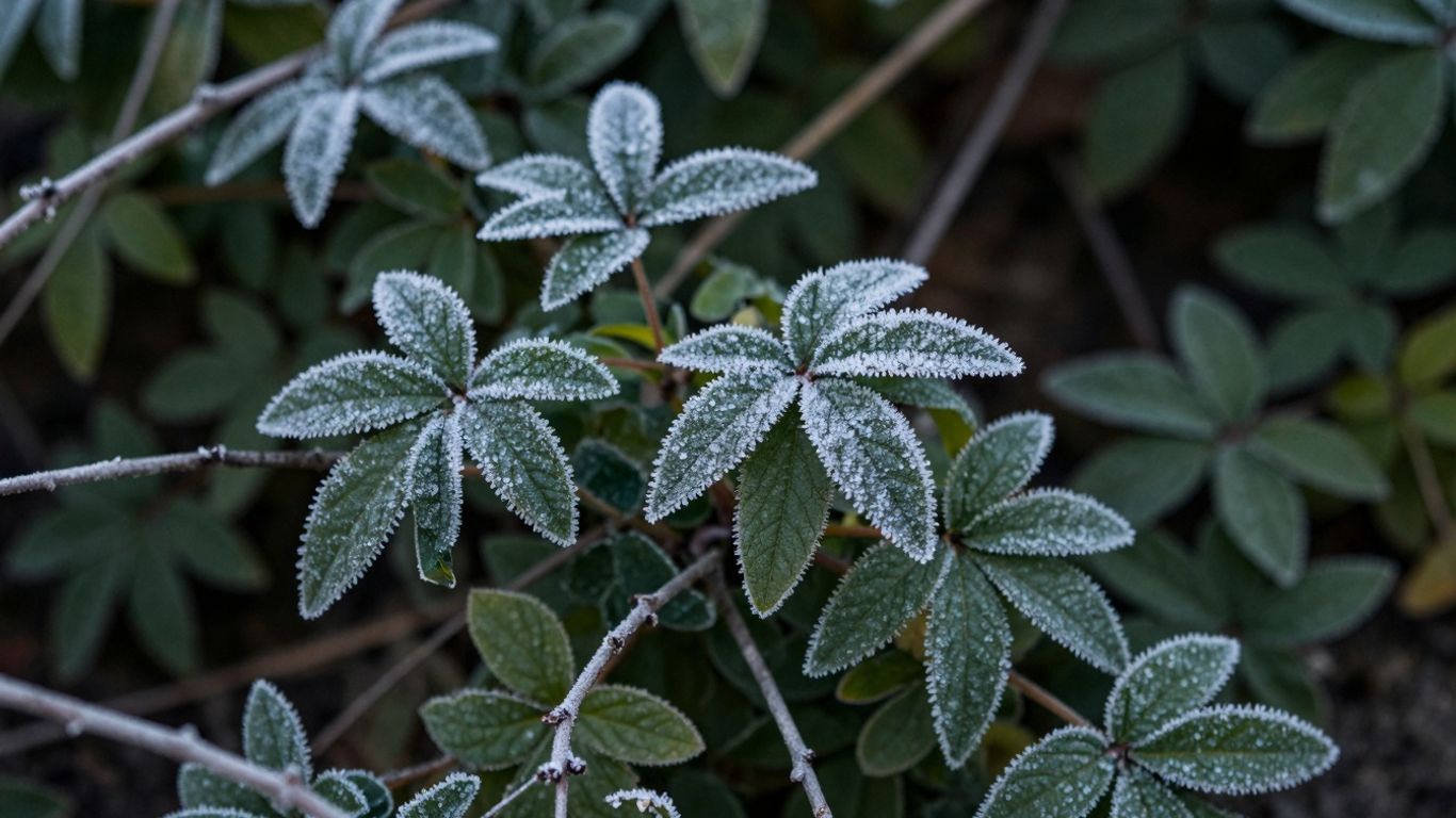Wintergarten mit robustem, grünem Pflanzenleben im Frost.