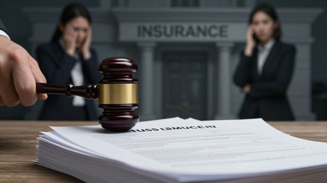 Gavel striking insurance forms, homeowner distressed.